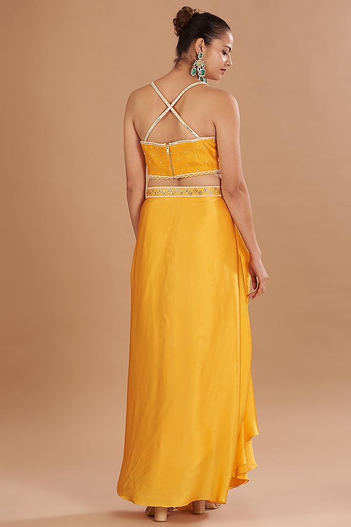 Yellow Chamoise Satin & Raw Silk Draped Skirt Set by Yashodhara at Pernia's Pop Up Shop