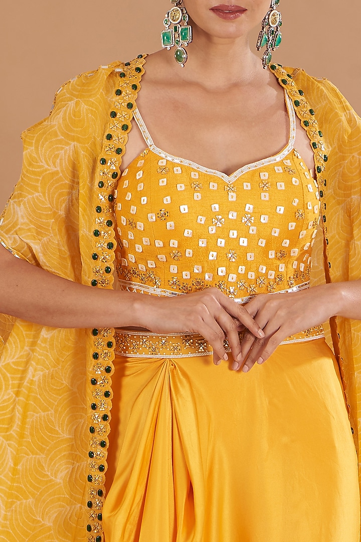 Yellow Chamoise Satin & Raw Silk Draped Skirt Set by Yashodhara at Pernia's Pop Up Shop