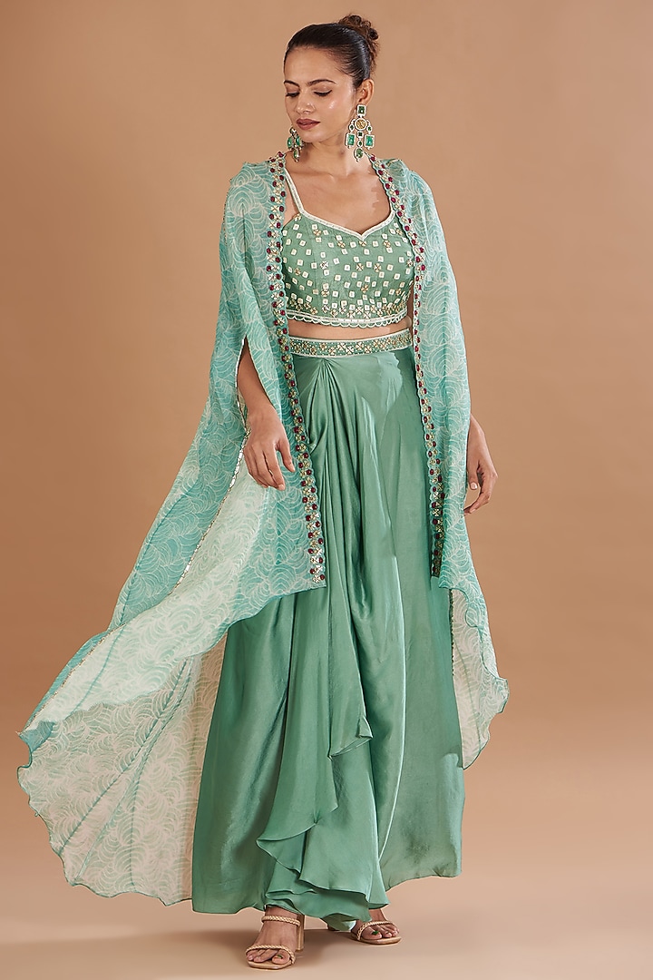 Eco Green Chamoise Satin & Raw Silk Draped Skirt Set by Yashodhara at Pernia's Pop Up Shop