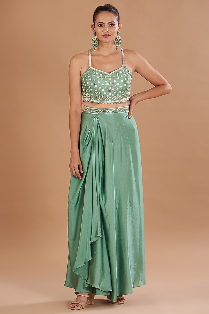 Eco Green Chamoise Satin & Raw Silk Draped Skirt Set by Yashodhara at Pernia's Pop Up Shop
