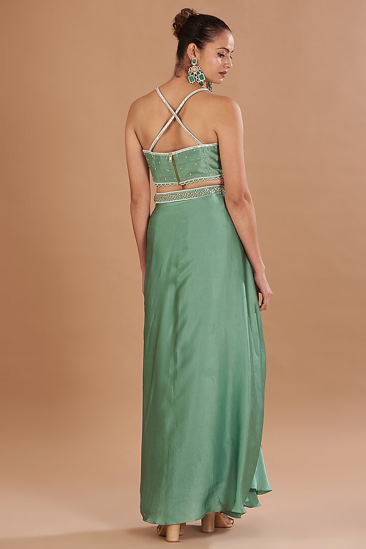 Eco Green Chamoise Satin & Raw Silk Draped Skirt Set by Yashodhara at Pernia's Pop Up Shop