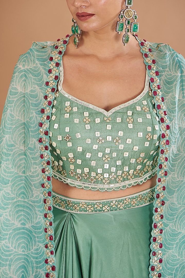 Eco Green Chamoise Satin & Raw Silk Draped Skirt Set by Yashodhara at Pernia's Pop Up Shop