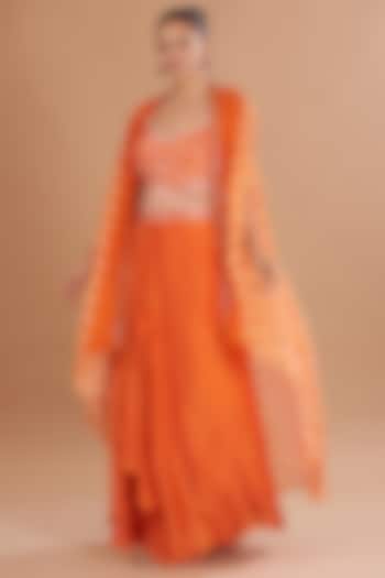 Orange Chamoise Satin & Raw Silk Draped Skirt Set by Yashodhara at Pernia's Pop Up Shop