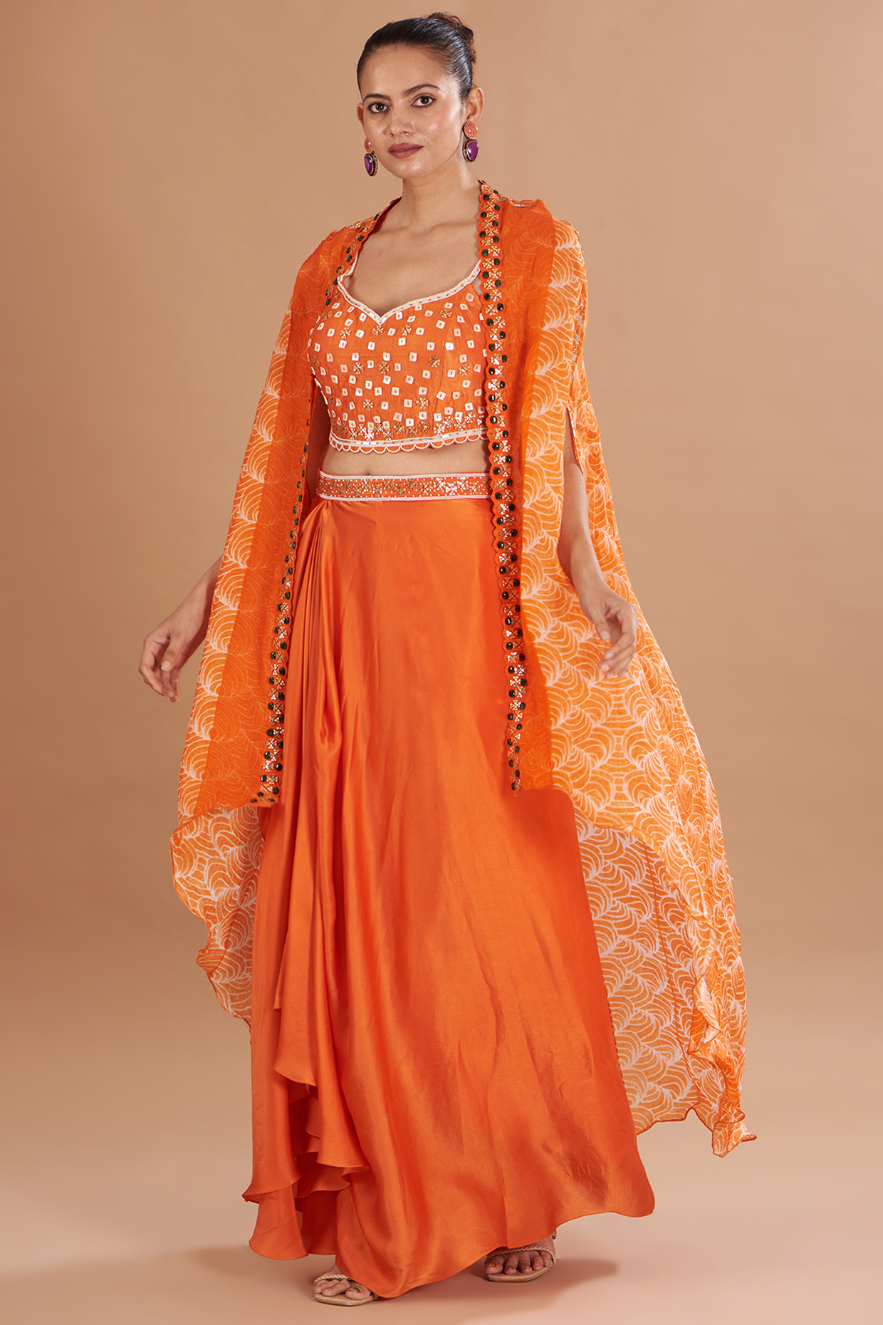 Orange Chamoise Satin & Raw Silk Draped Skirt Set by Yashodhara at Pernia's Pop Up Shop