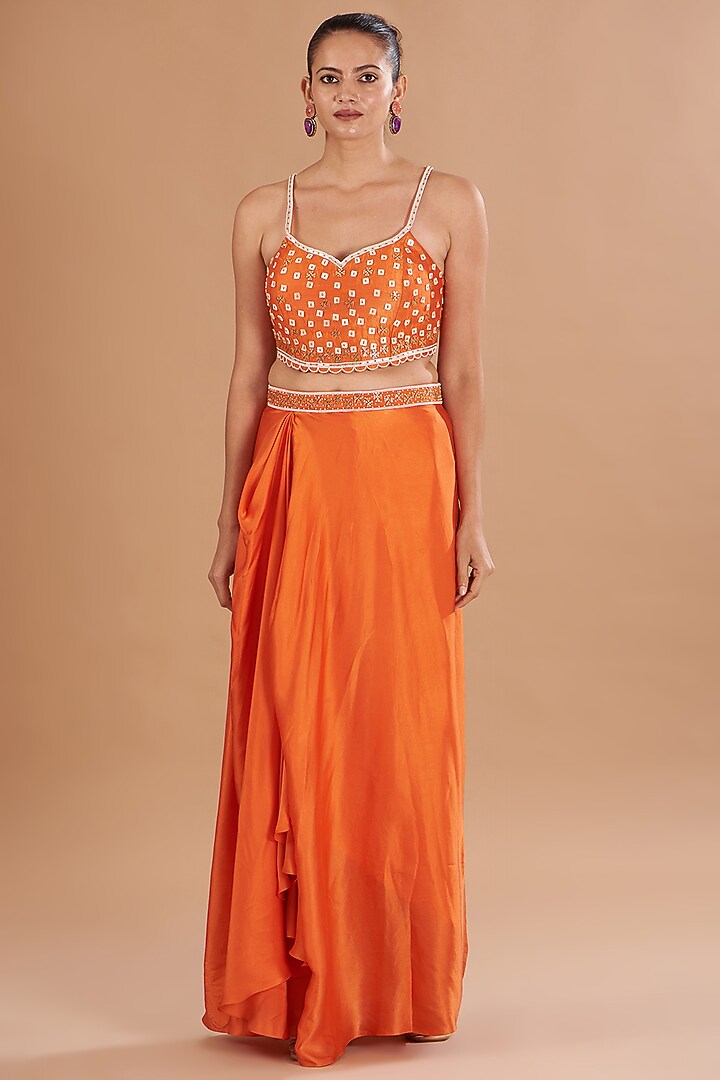 Orange Chamoise Satin & Raw Silk Draped Skirt Set by Yashodhara at Pernia's Pop Up Shop