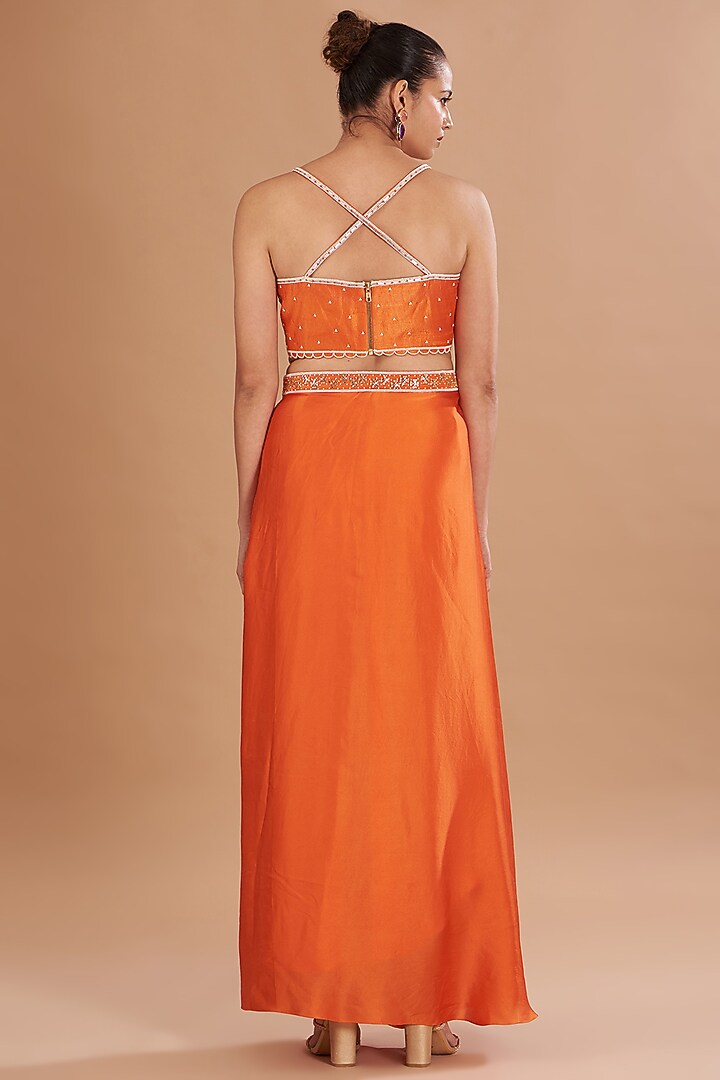 Orange Chamoise Satin & Raw Silk Draped Skirt Set by Yashodhara at Pernia's Pop Up Shop