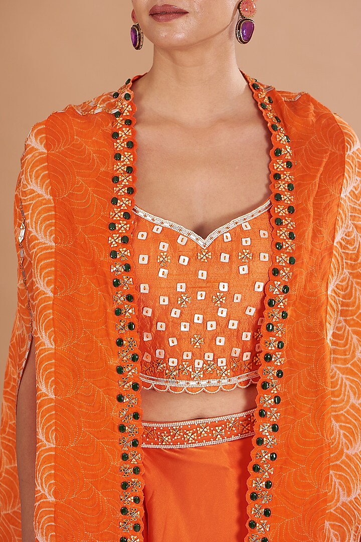 Orange Chamoise Satin & Raw Silk Draped Skirt Set by Yashodhara at Pernia's Pop Up Shop