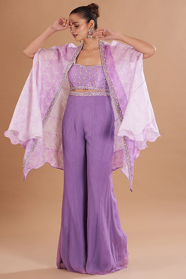 Lilac Organza & Chiffon Shibori Printed Cape Set by Yashodhara at Pernia's Pop Up Shop