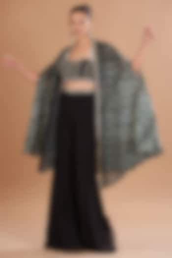 Black Organza & Chiffon Shibori Printed Cape Set by Yashodhara at Pernia's Pop Up Shop