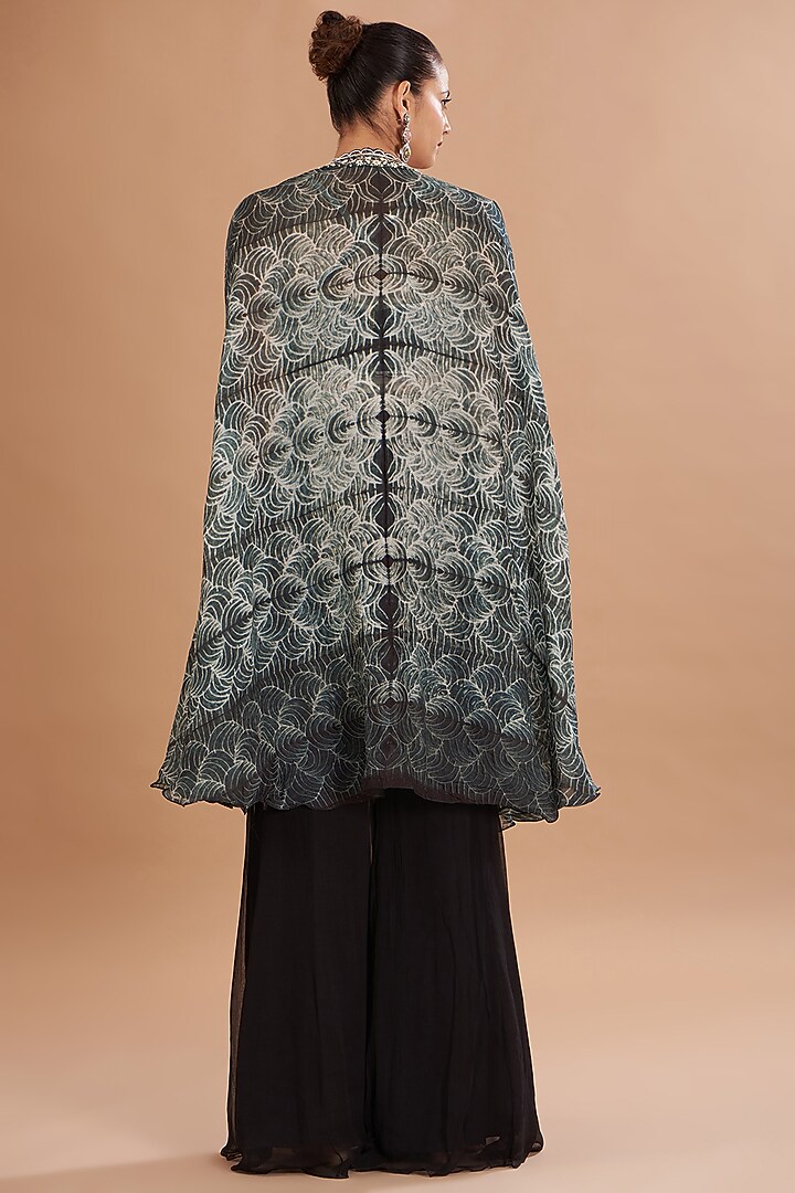 Black Organza & Chiffon Shibori Printed Cape Set by Yashodhara at Pernia's Pop Up Shop