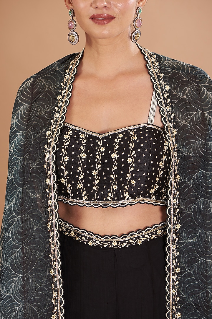 Black Organza & Chiffon Shibori Printed Cape Set by Yashodhara at Pernia's Pop Up Shop