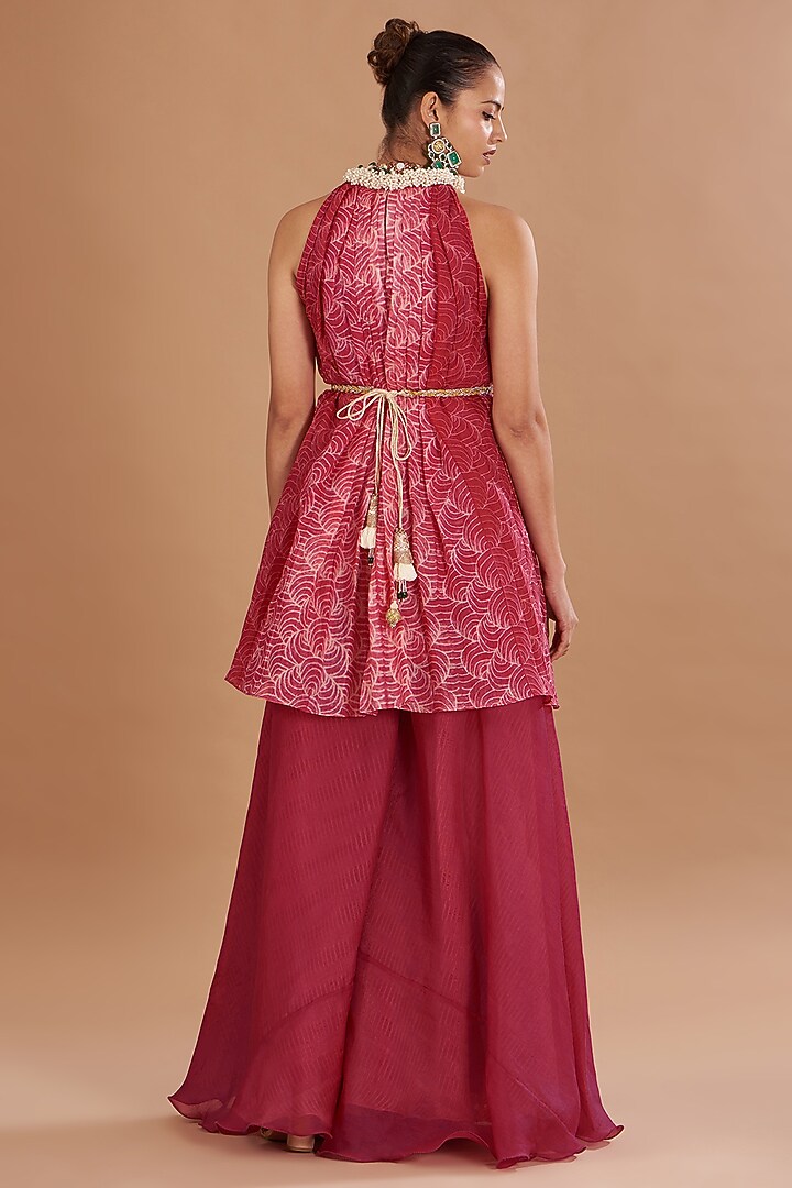 Red Organza Shibori & Embroidered Kurta Set by Yashodhara at Pernia's Pop Up Shop