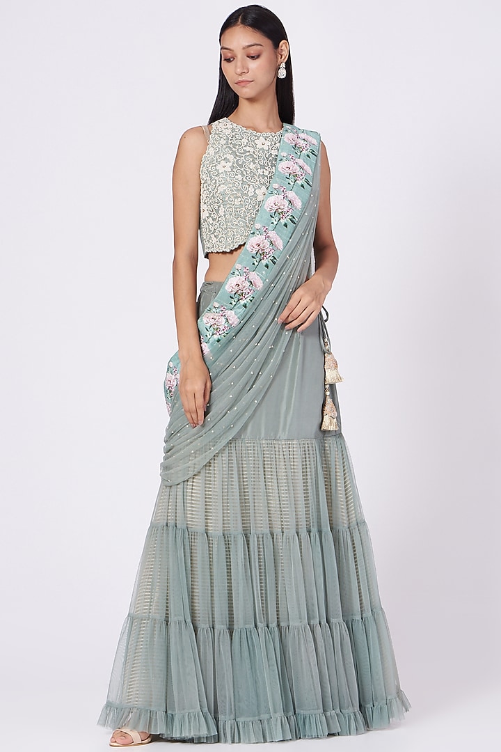 Emerald Green Chiffon Lehenga Set by Yashodhara at Pernia's Pop Up Shop
