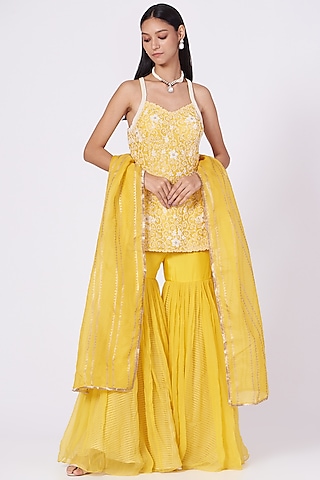 Yellow Chiffon Gharara Set by Yashodhara