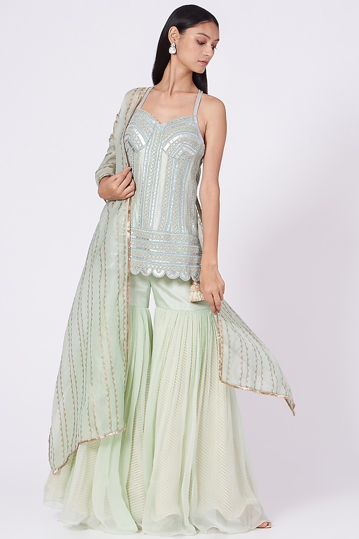 Green Chiffon Gharara Set by Yashodhara at Pernia's Pop Up Shop