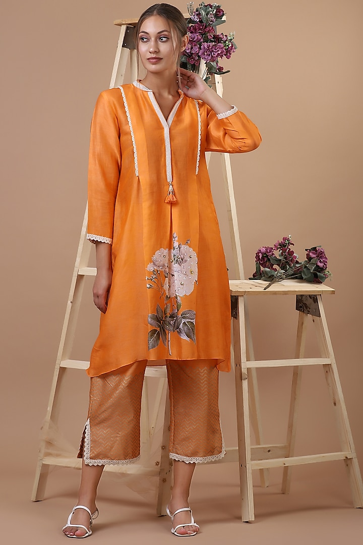 Saffron Orange Chanderi Kurta Set by Yashodhara