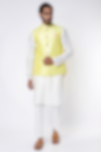 Pastel Yellow Printed Nehru Jacket by Yashodhara Men