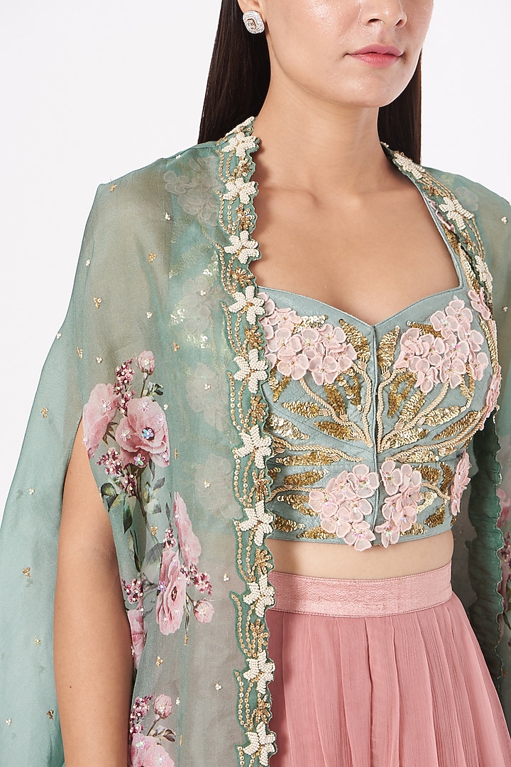 Mint Green Organza 3D Floral Embroidered Cape Set by Yashodhara at Pernia's Pop Up Shop