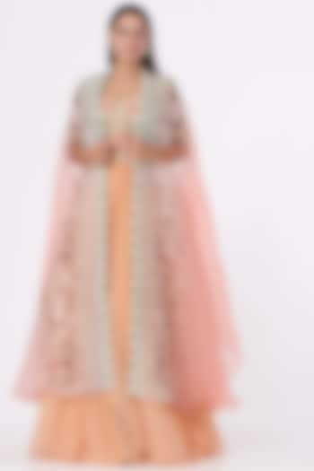 Peach Organza Cape Set by Yashodhara at Pernia's Pop Up Shop