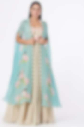 Mint Blue Organza Cape Set by Yashodhara