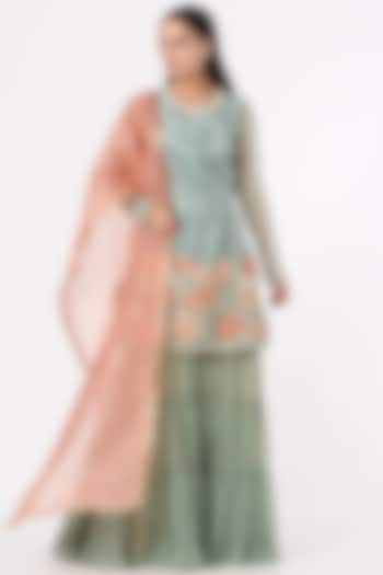 Greyish Green Raw Silk Sharara Set by Yashodhara at Pernia's Pop Up Shop