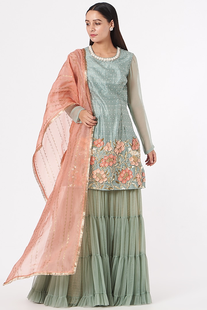 Greyish Green Raw Silk Sharara Set by Yashodhara at Pernia's Pop Up Shop