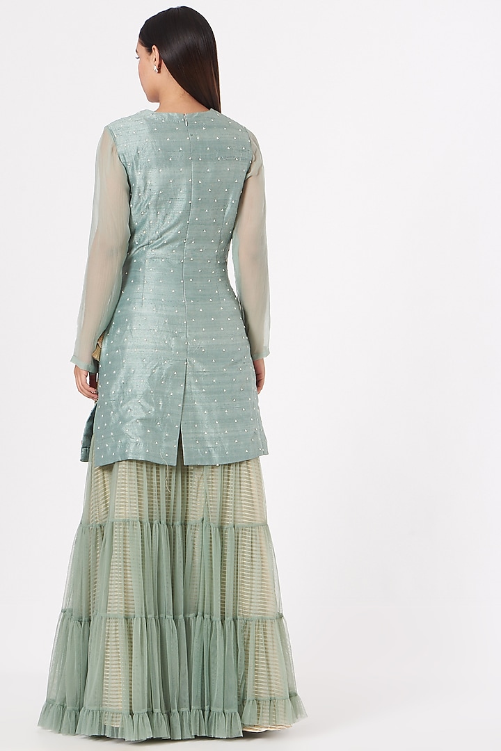 Greyish Green Raw Silk Wedding Sharara Set by Yashodhara at Pernia's Pop Up Shop