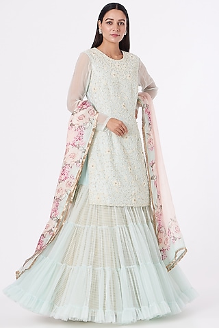 Ice Blue Net Sharara Skirt Set by Yashodhara