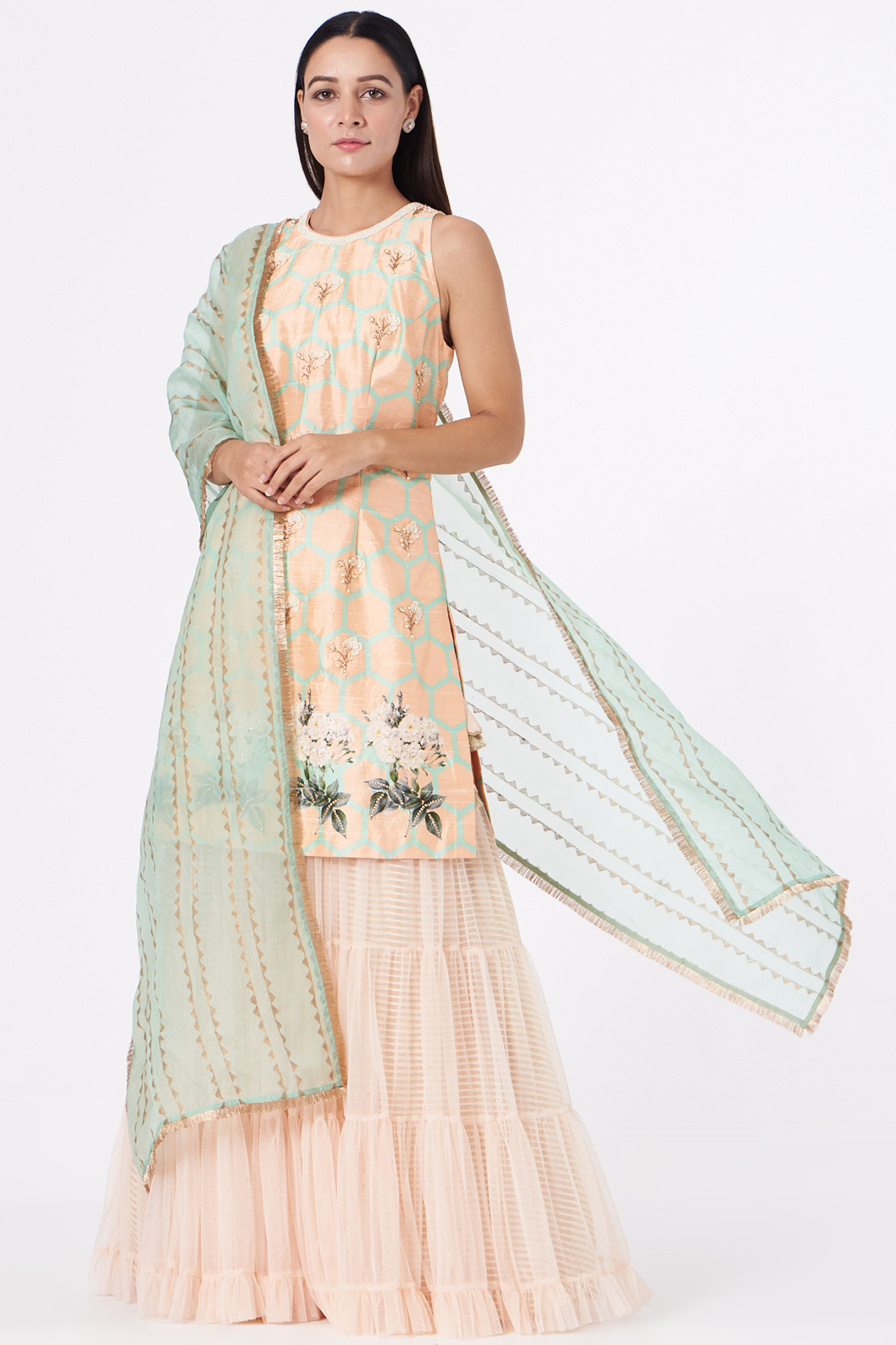 Light Peach Net Sharara Set by Yashodhara