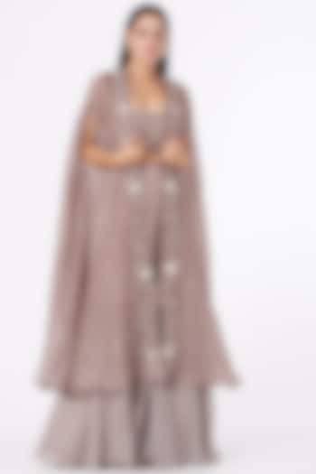 Greyish Pink Embroidered Bell Cape Set by Yashodhara