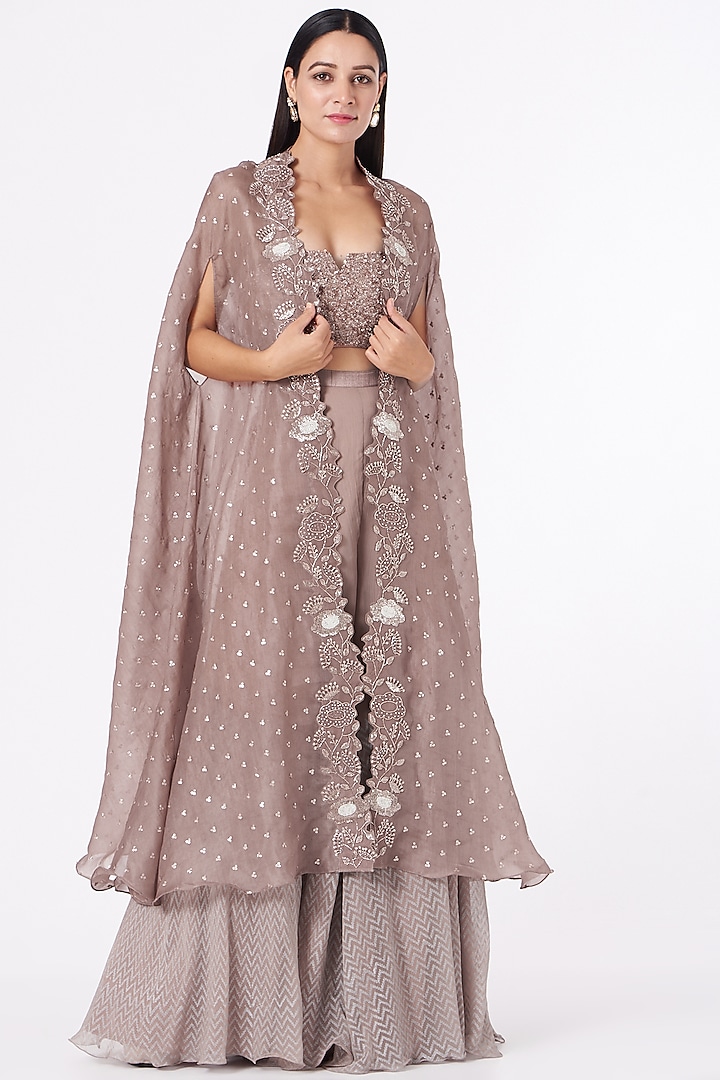 Greyish Pink Embroidered Bell Cape Set by Yashodhara