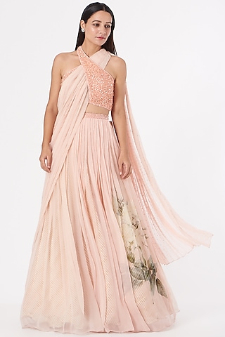 Blush Pink Chiffon Lehenga Set by Yashodhara