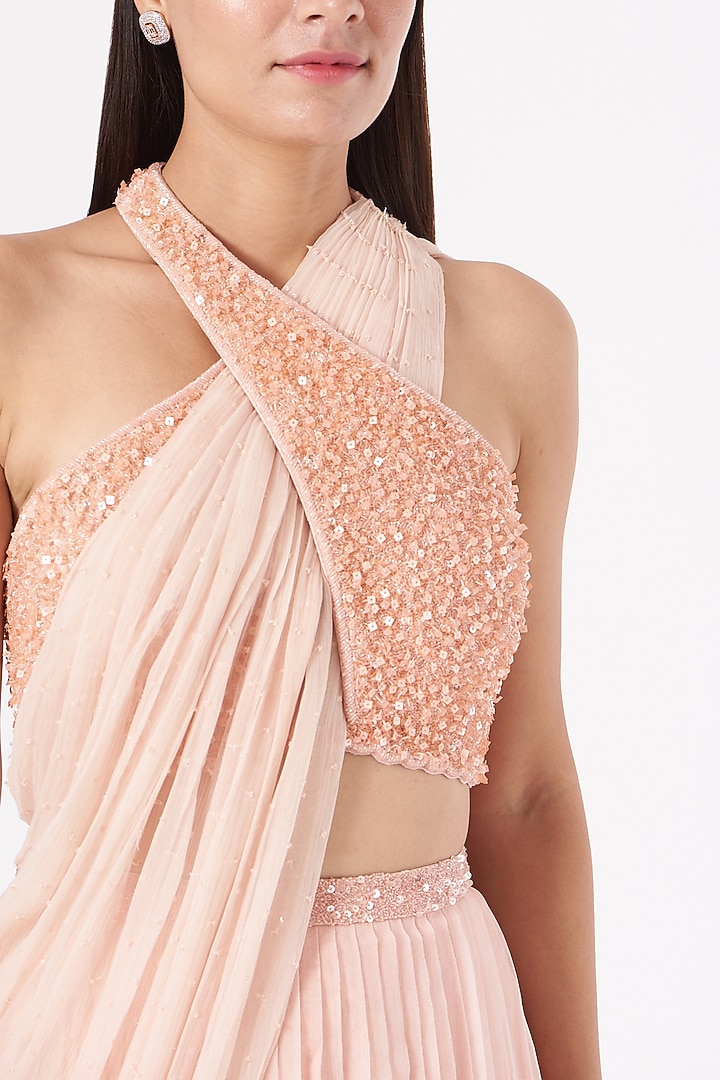 Blush Pink Chiffon Wedding Lehenga Set by Yashodhara at Pernia's Pop Up Shop