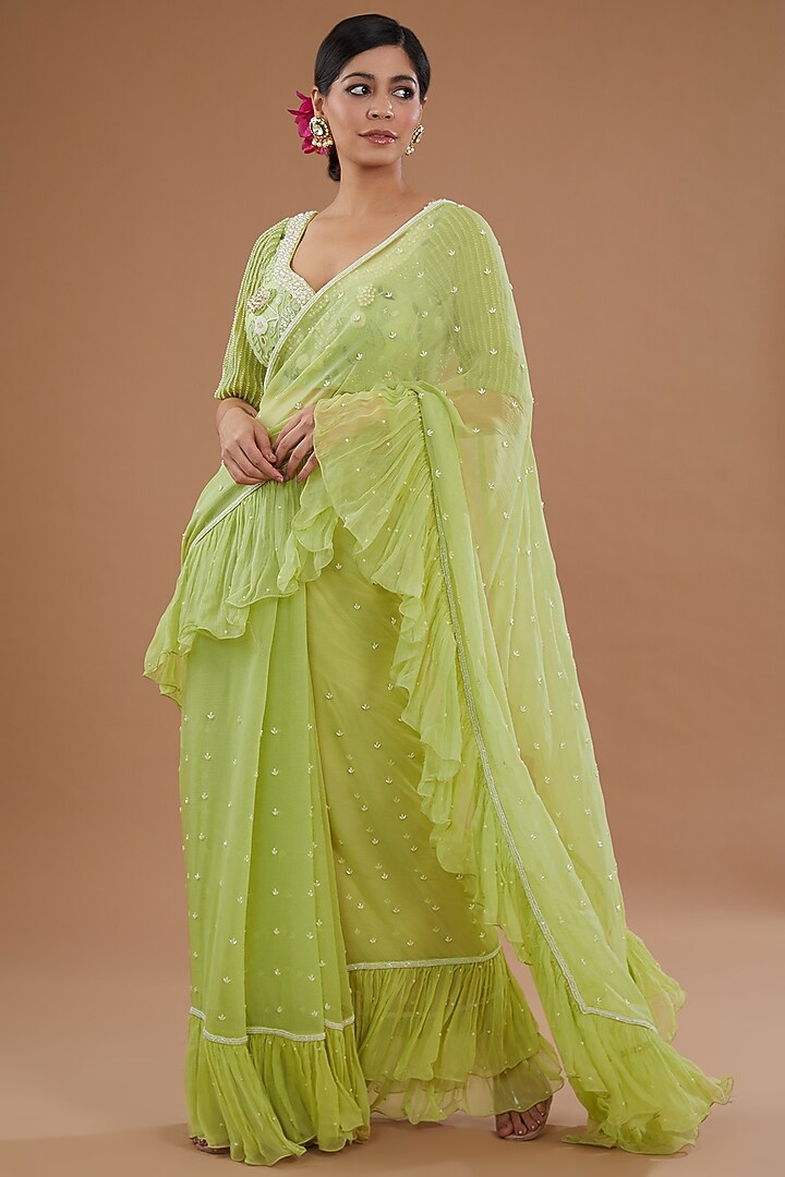 Jade Green Chiffon Embroidered Frilled Wedding Saree Set by Yashodhara at Pernia's Pop Up Shop