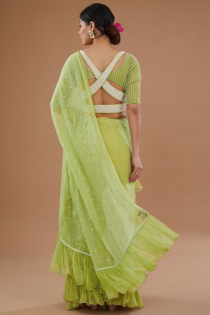 Jade Green Chiffon Embroidered Frilled Wedding Saree Set by Yashodhara at Pernia's Pop Up Shop