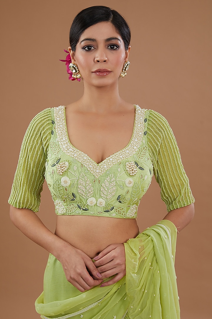 Jade Green Chiffon Embroidered Frilled Wedding Saree Set by Yashodhara at Pernia's Pop Up Shop
