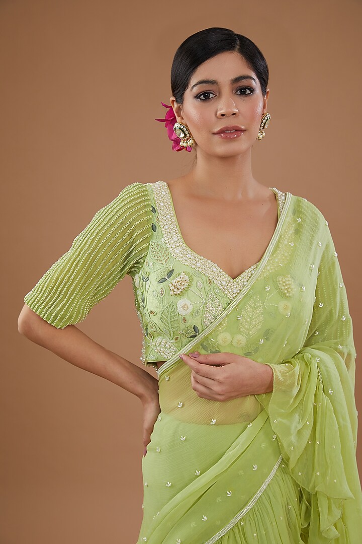Jade Green Chiffon Embroidered Frilled Wedding Saree Set by Yashodhara at Pernia's Pop Up Shop