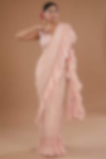 Pink Chiffon & Raw Silk Tulle Embroidered Draped Gharara Pant Wedding Saree Set by Yashodhara at Pernia's Pop Up Shop