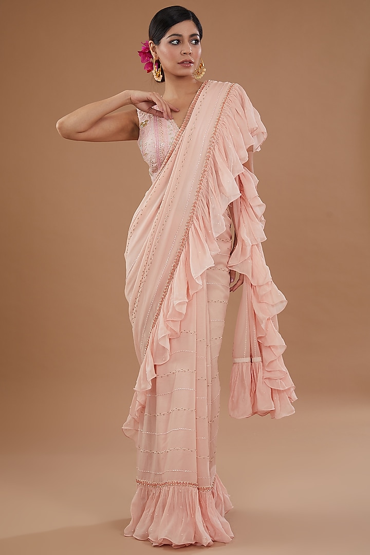 Pink Chiffon & Raw Silk Tulle Embroidered Draped Gharara Pant Wedding Saree Set by Yashodhara at Pernia's Pop Up Shop