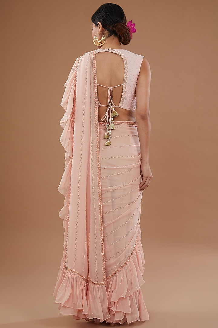 Pink Chiffon & Raw Silk Tulle Embroidered Draped Gharara Pant Wedding Saree Set by Yashodhara at Pernia's Pop Up Shop