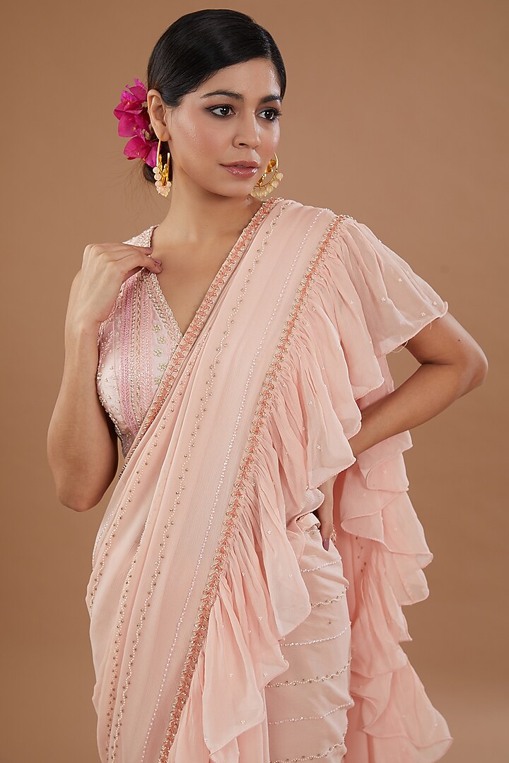 Pink Chiffon & Raw Silk Tulle Embroidered Draped Gharara Pant Wedding Saree Set by Yashodhara at Pernia's Pop Up Shop
