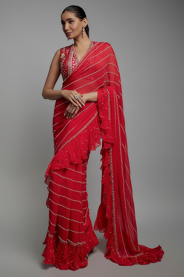 Red Chiffon Embroidered Frilled Saree Set by Yashodhara