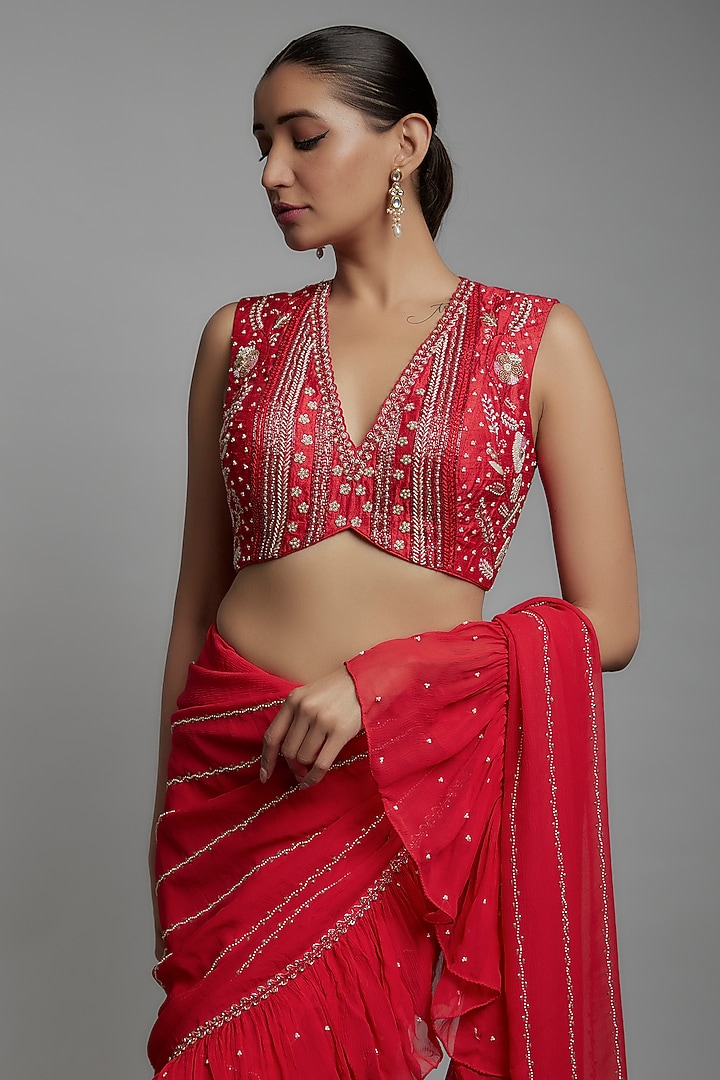 Red Chiffon Embroidered Frilled Wedding Saree Set by Yashodhara at Pernia's Pop Up Shop