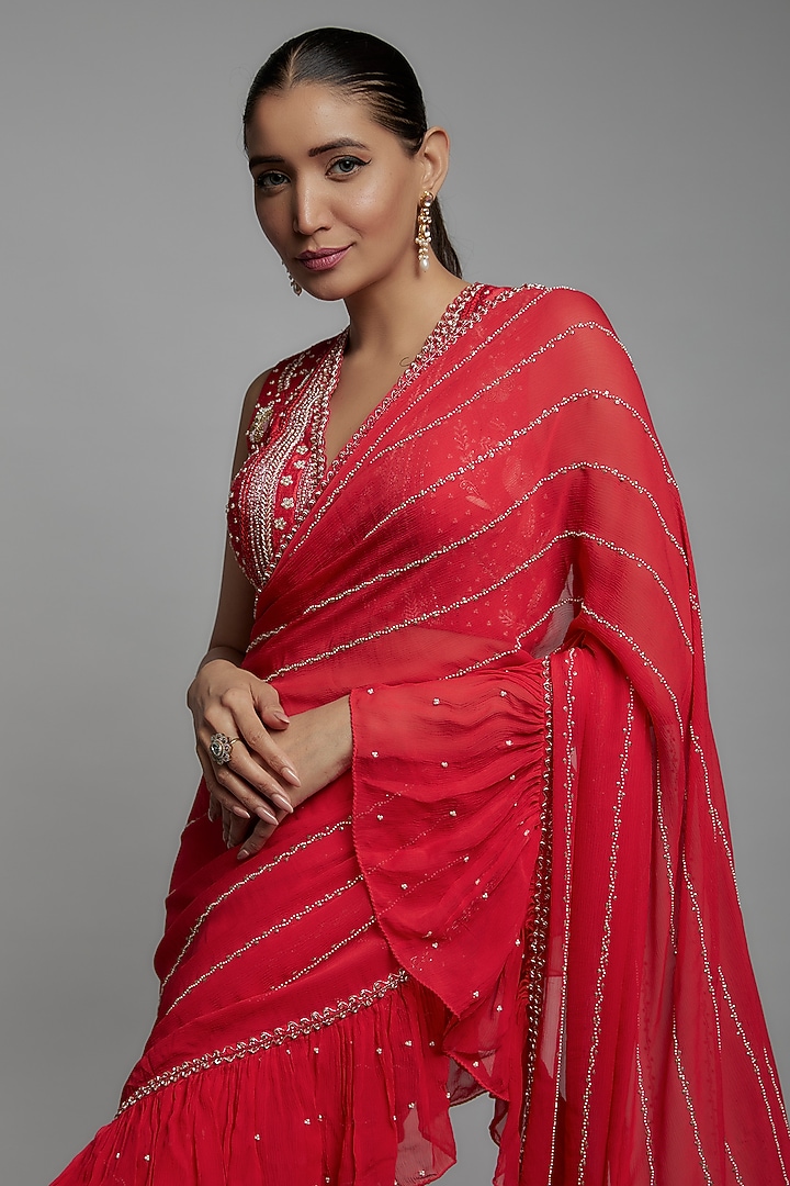 Red Chiffon Embroidered Frilled Wedding Saree Set by Yashodhara at Pernia's Pop Up Shop