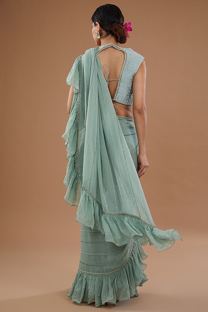 Teal Green Chiffon Embroidered Frilled Wedding Saree Set by Yashodhara at Pernia's Pop Up Shop