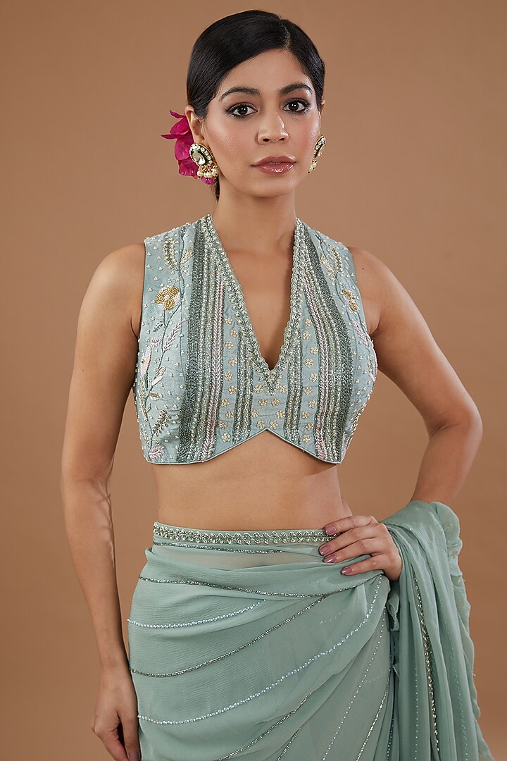 Teal Green Chiffon Embroidered Frilled Wedding Saree Set by Yashodhara at Pernia's Pop Up Shop