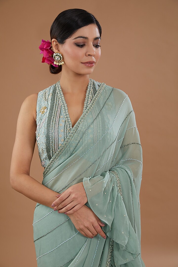 Teal Green Chiffon Embroidered Frilled Wedding Saree Set by Yashodhara at Pernia's Pop Up Shop