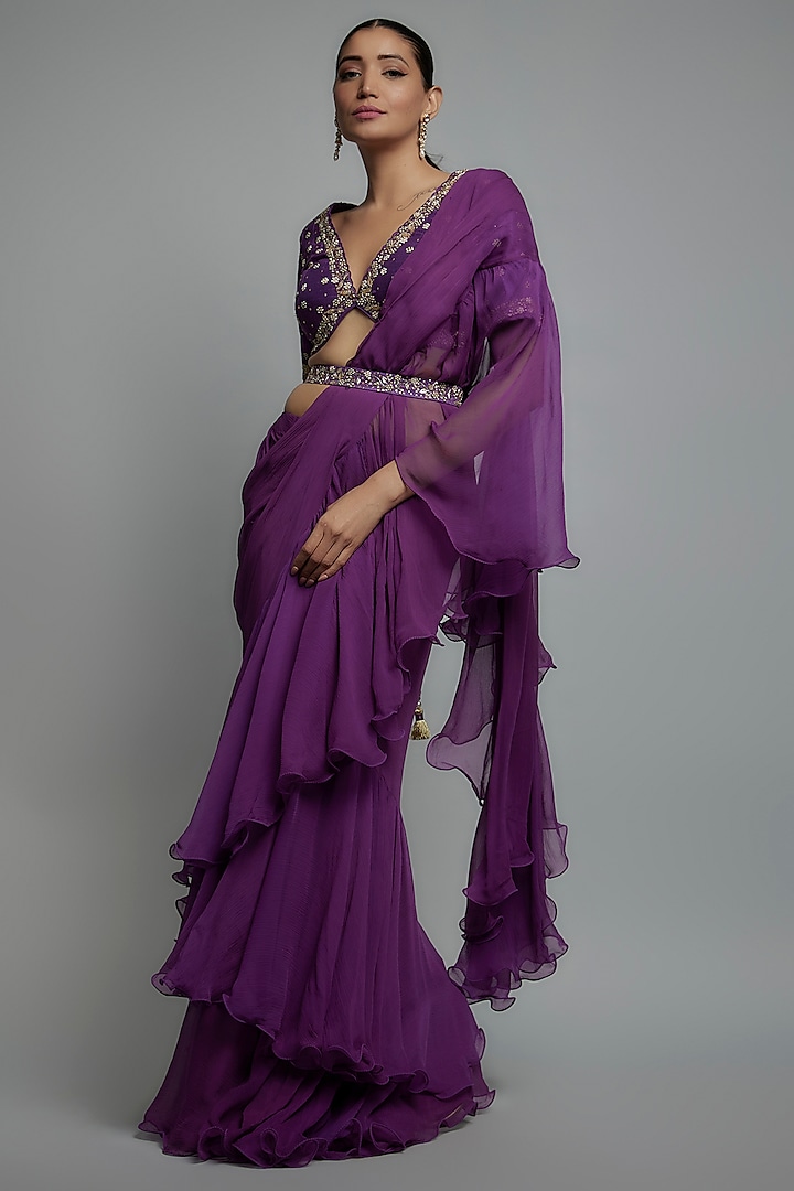 Purple Chiffon Pre-Stitched Saree Set by Yashodhara
