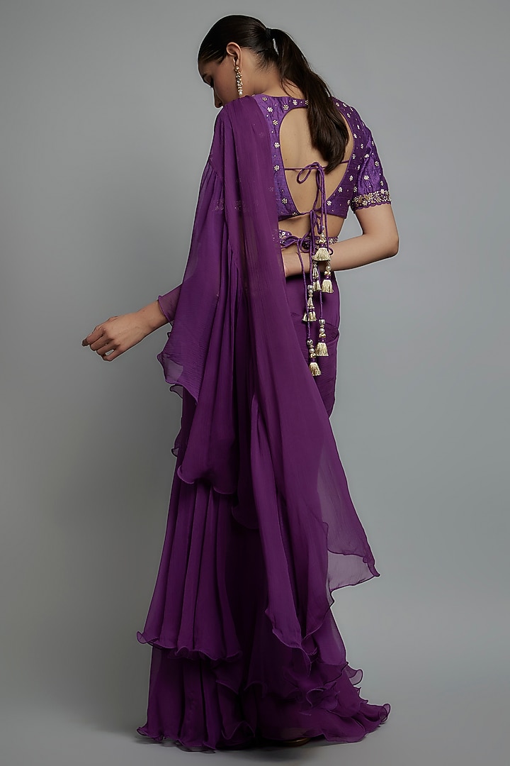 Purple Chiffon Pre-Stitched Wedding Saree Set by Yashodhara at Pernia's Pop Up Shop