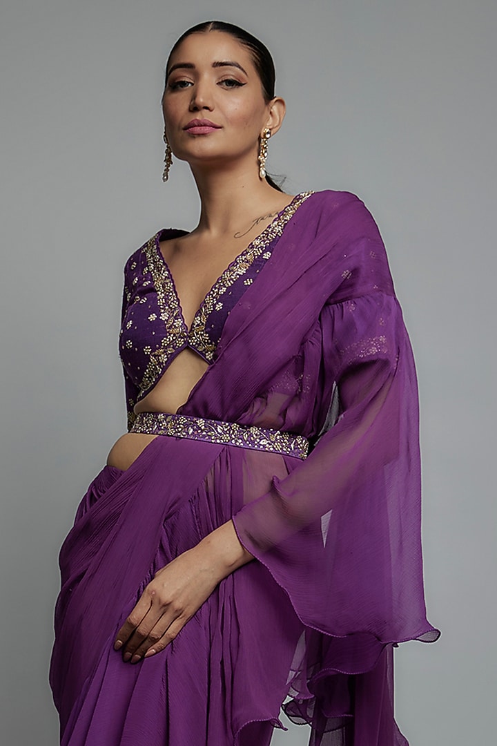 Purple Chiffon Pre-Stitched Wedding Saree Set by Yashodhara at Pernia's Pop Up Shop